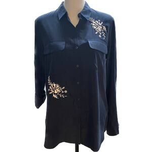 Express Button-Up Cotton Blend Shirt Women M Navy Blue White Embroidered Flowers